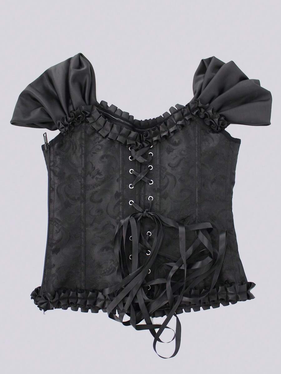 Women's elegant off-the-shoulder sleeveless camisole top featuring frill trim, lace-up front, and asymmetrical hem design.