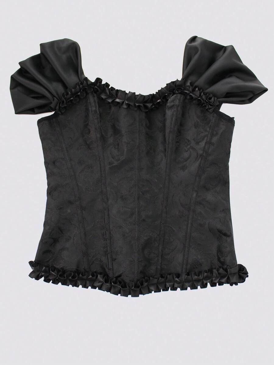 Women's elegant off-the-shoulder sleeveless camisole top featuring frill trim, lace-up front, and asymmetrical hem design.