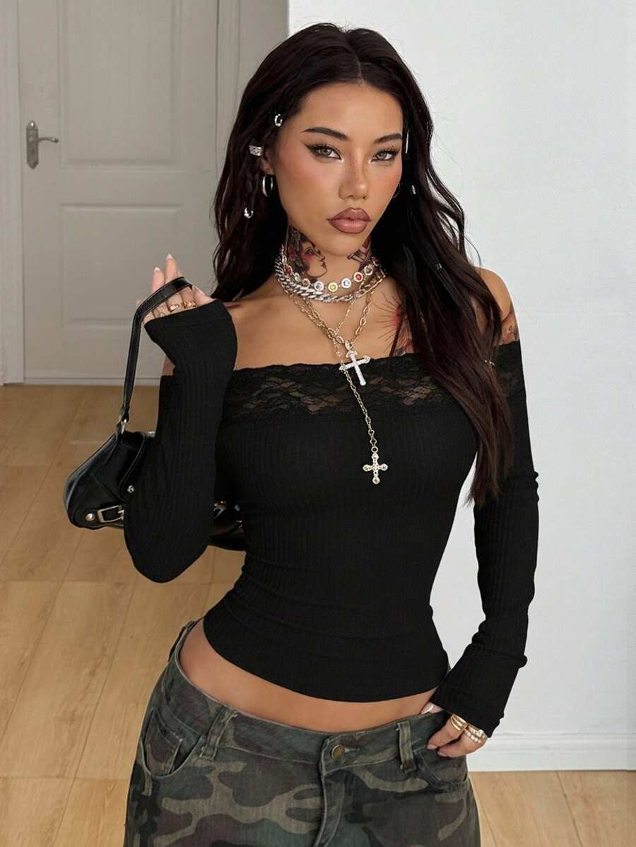 Women's slim fit off the shoulder long sleeve knitted top featuring contrast lace trim and ruched accents.