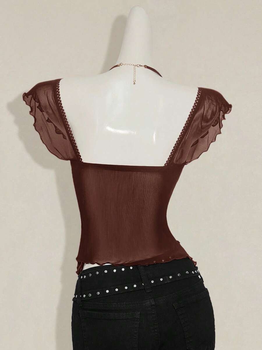 Black slim fit women's ruched front camisole tank top featuring contrast mesh inserts, square neckline, and an asymmetrical crop hem.