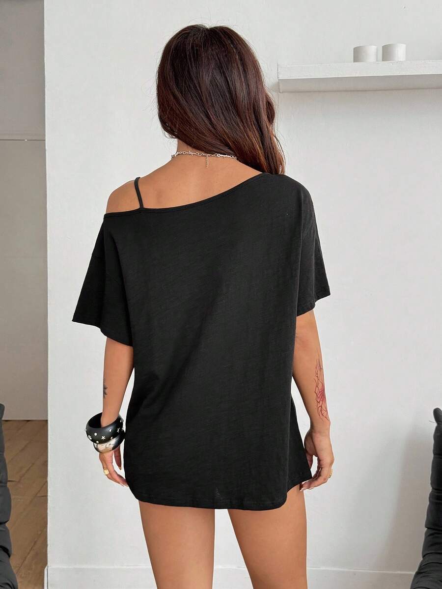 Women's casual loose fit cold shoulder cotton t-shirt with asymmetrical cutout neckline and short sleeves.
