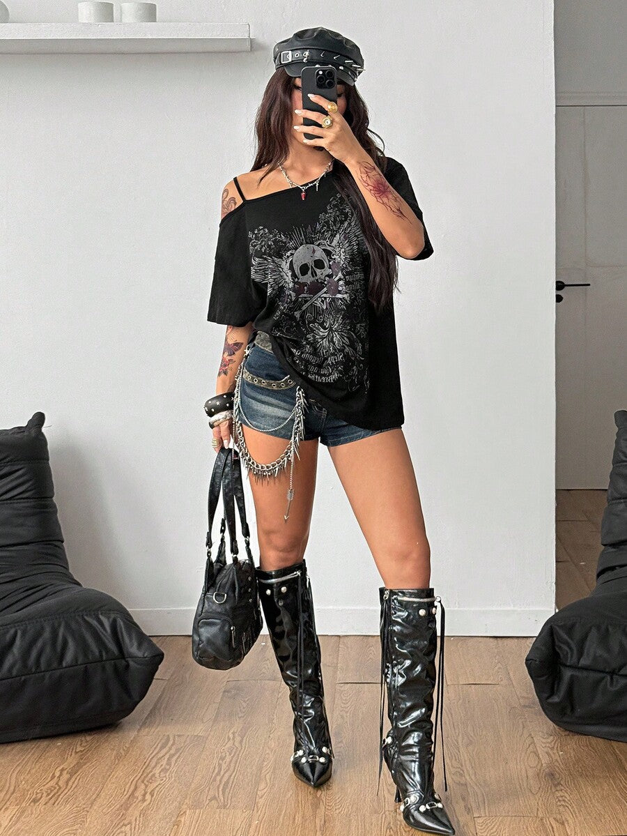 Women's casual loose fit cold shoulder cotton t-shirt with asymmetrical cutout neckline and short sleeves.