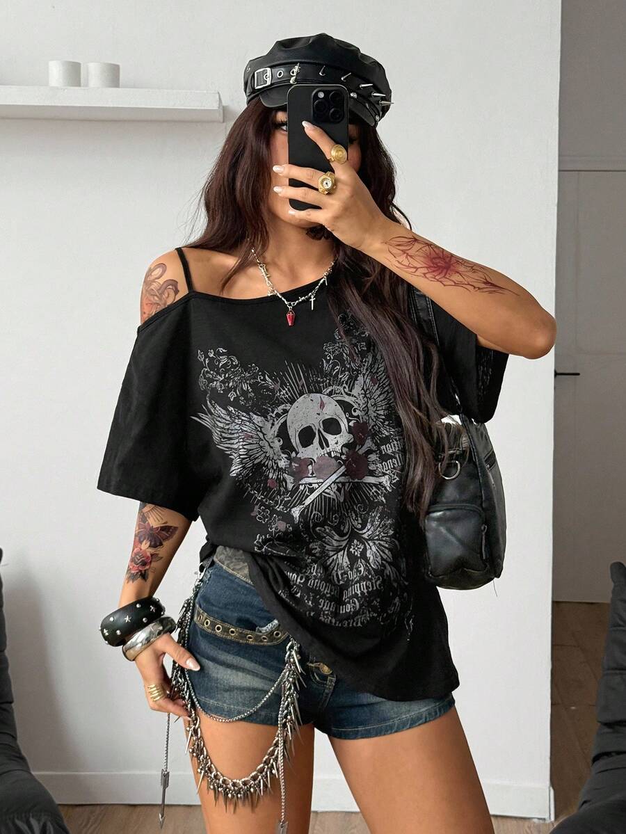 Women's casual loose fit cold shoulder cotton t-shirt with asymmetrical cutout neckline and short sleeves.