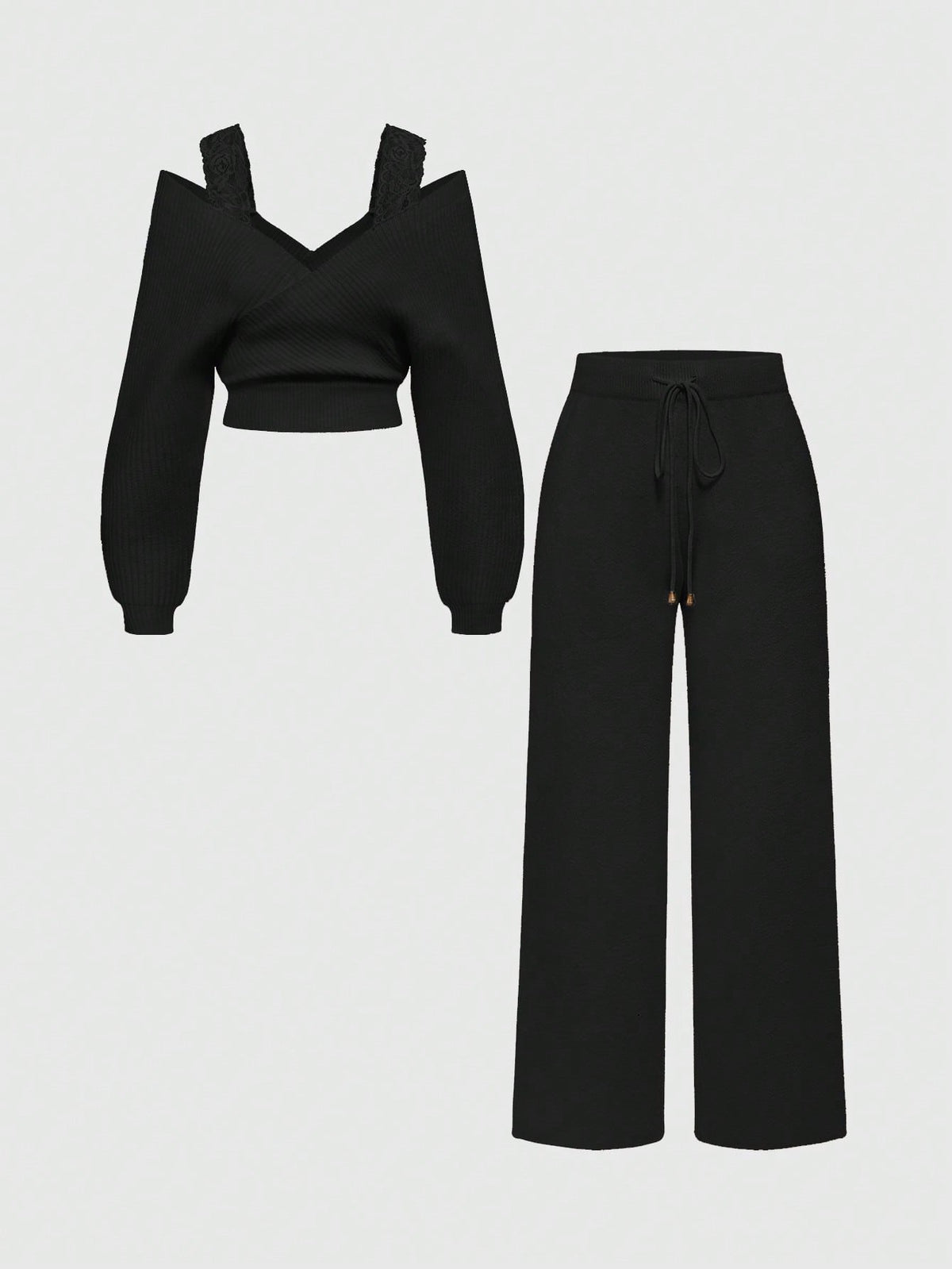Women's two-piece rib-knit sweater set featuring a long-sleeve cold-shoulder crop top with strap details and matching wide-leg pants.
