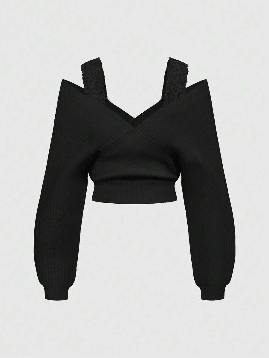 Women's two-piece rib-knit sweater set featuring a long-sleeve cold-shoulder crop top with strap details and matching wide-leg pants.