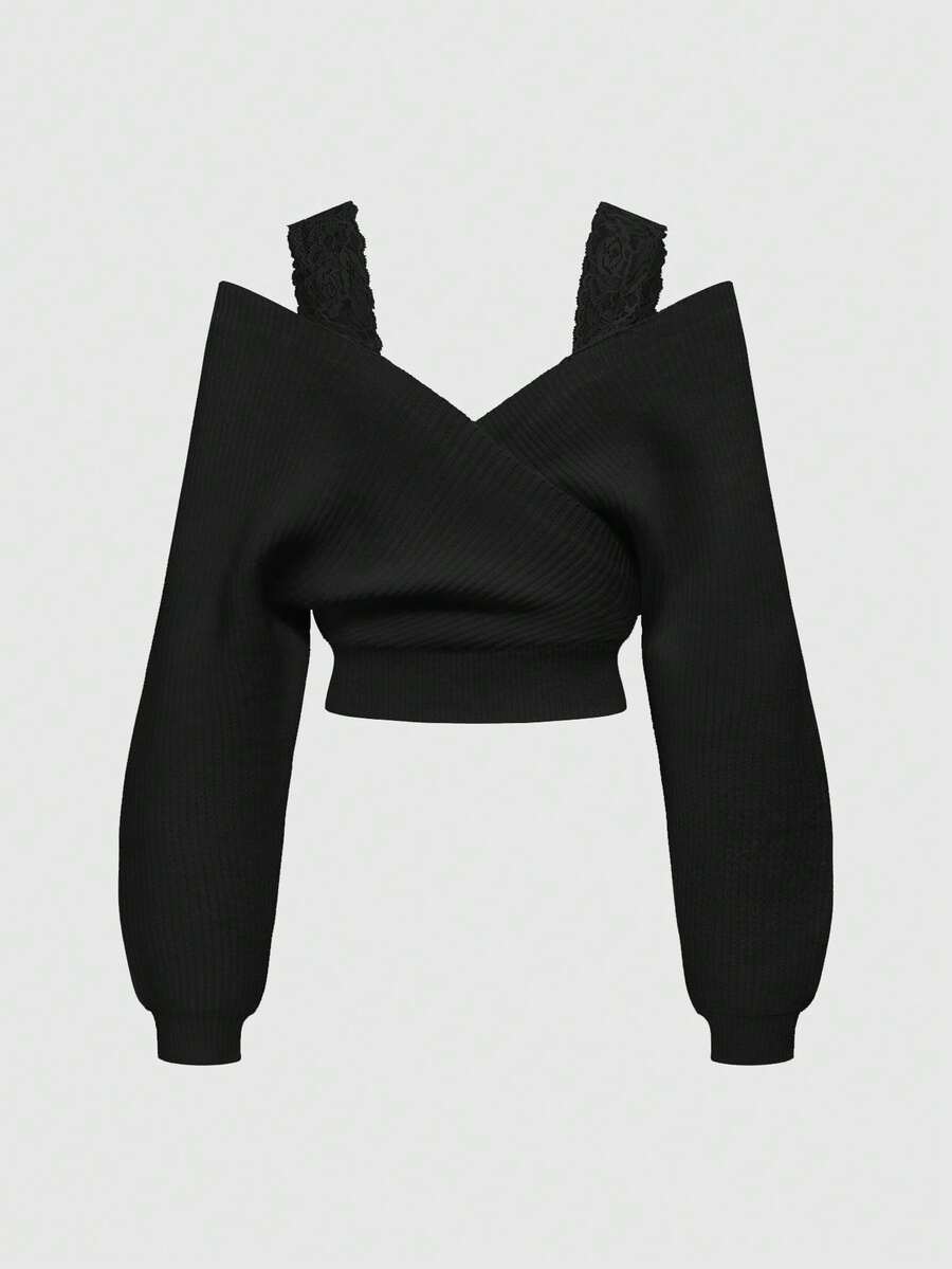 Women's two-piece rib-knit sweater set featuring a long-sleeve cold-shoulder crop top with strap details and matching wide-leg pants.