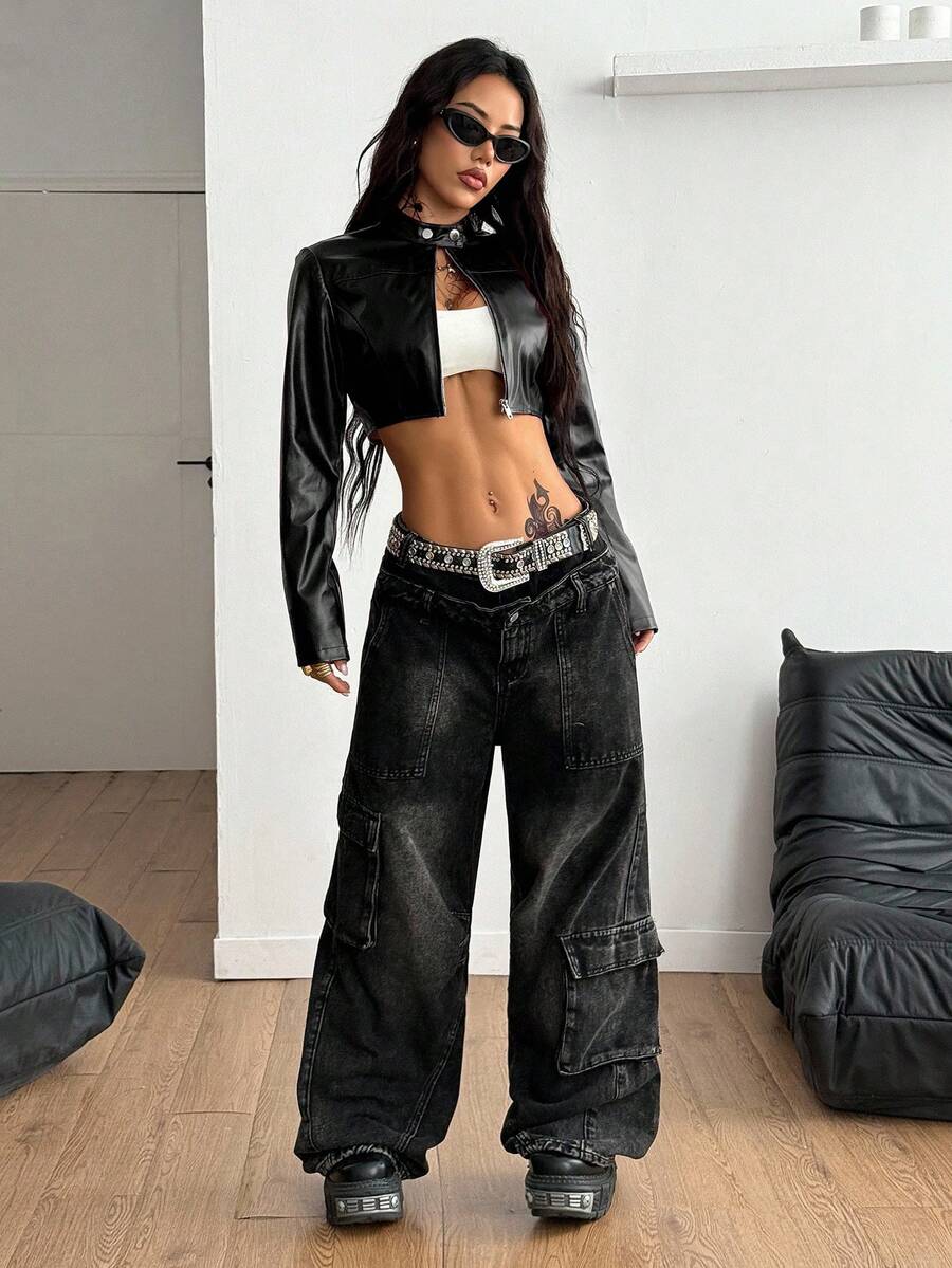 Front view of a women's black cropped PU leather jacket featuring a stand collar, long sleeves, and front zipper closure.