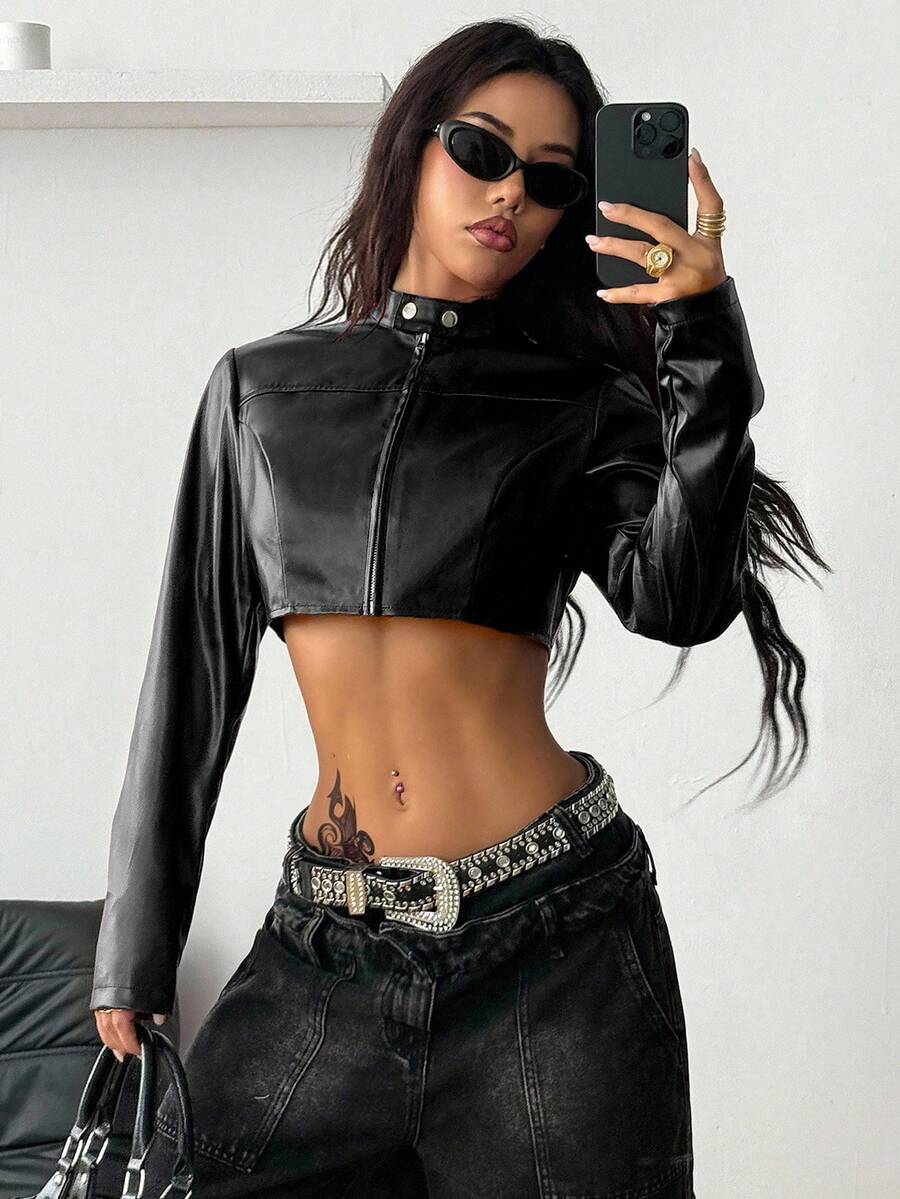 Front view of a women's black cropped PU leather jacket featuring a stand collar, long sleeves, and front zipper closure.