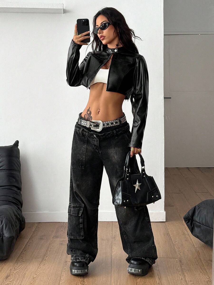 Front view of a women's black cropped PU leather jacket featuring a stand collar, long sleeves, and front zipper closure.