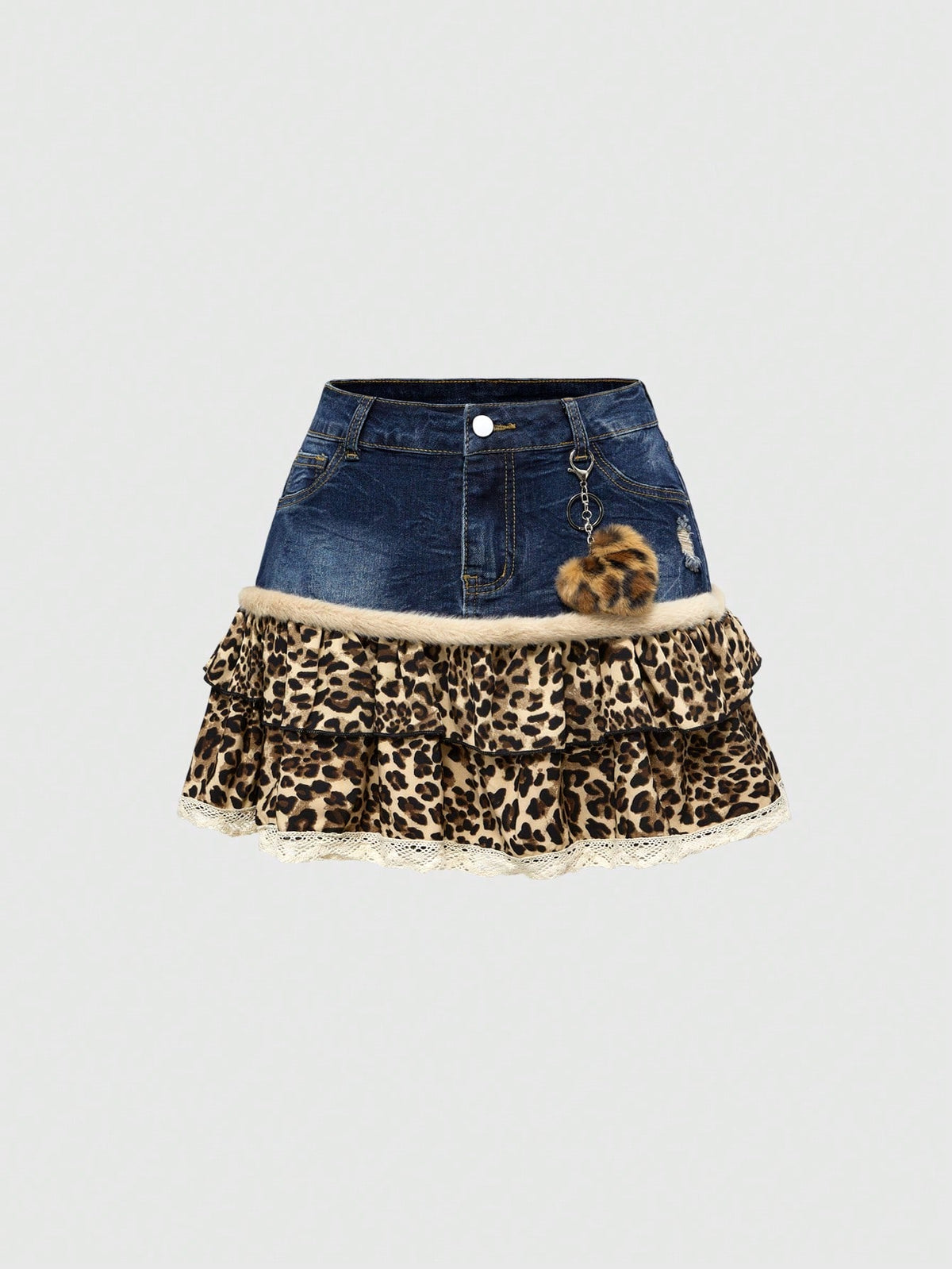 Blue Y2K grunge punk patchwork super short mini skirt with leopard floral trim, contrast lace ruffle hem, zipper, and ultra low waist.