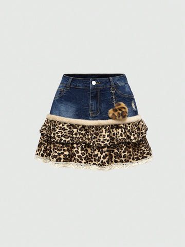 Blue Y2K grunge punk patchwork super short mini skirt with leopard floral trim, contrast lace ruffle hem, zipper, and ultra low waist.
