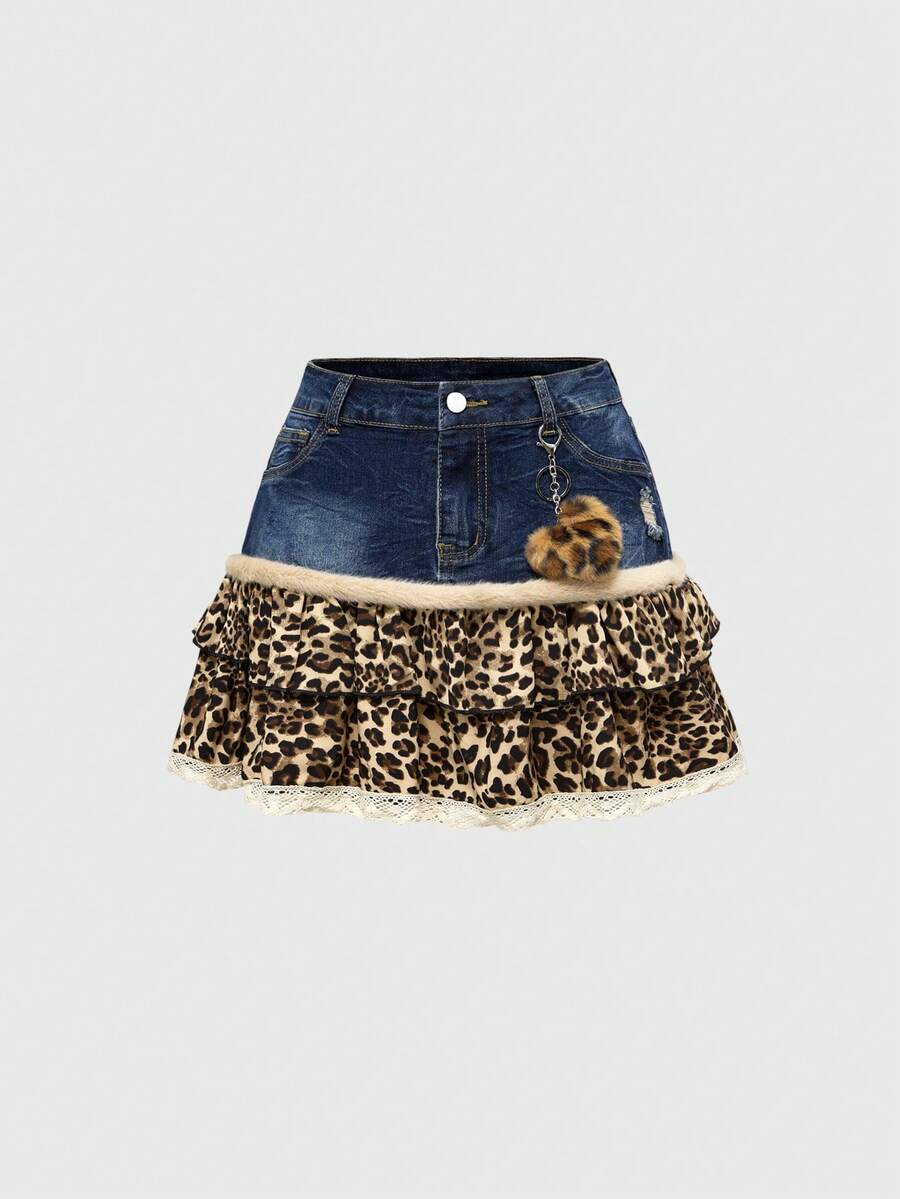 Blue Y2K grunge punk patchwork super short mini skirt with leopard floral trim, contrast lace ruffle hem, zipper, and ultra low waist.