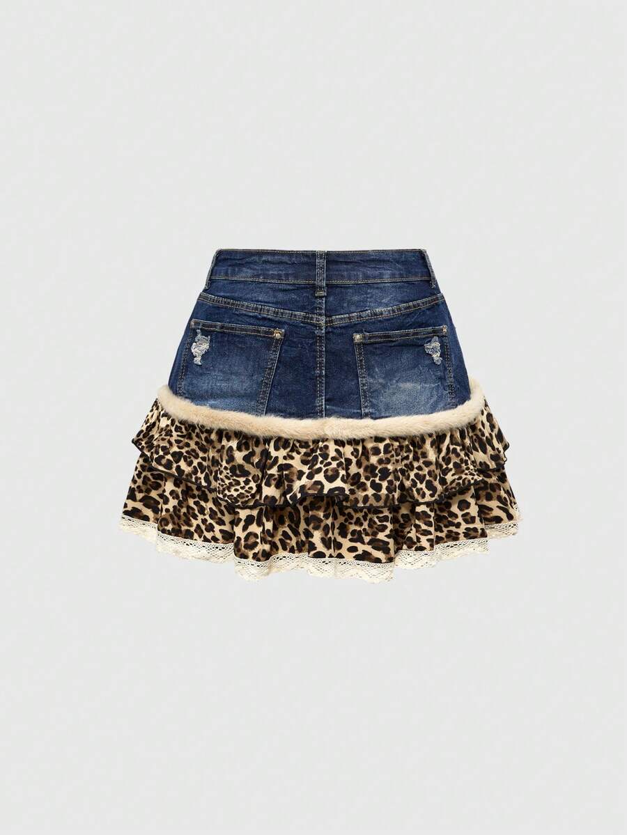 Blue Y2K grunge punk patchwork super short mini skirt with leopard floral trim, contrast lace ruffle hem, zipper, and ultra low waist.