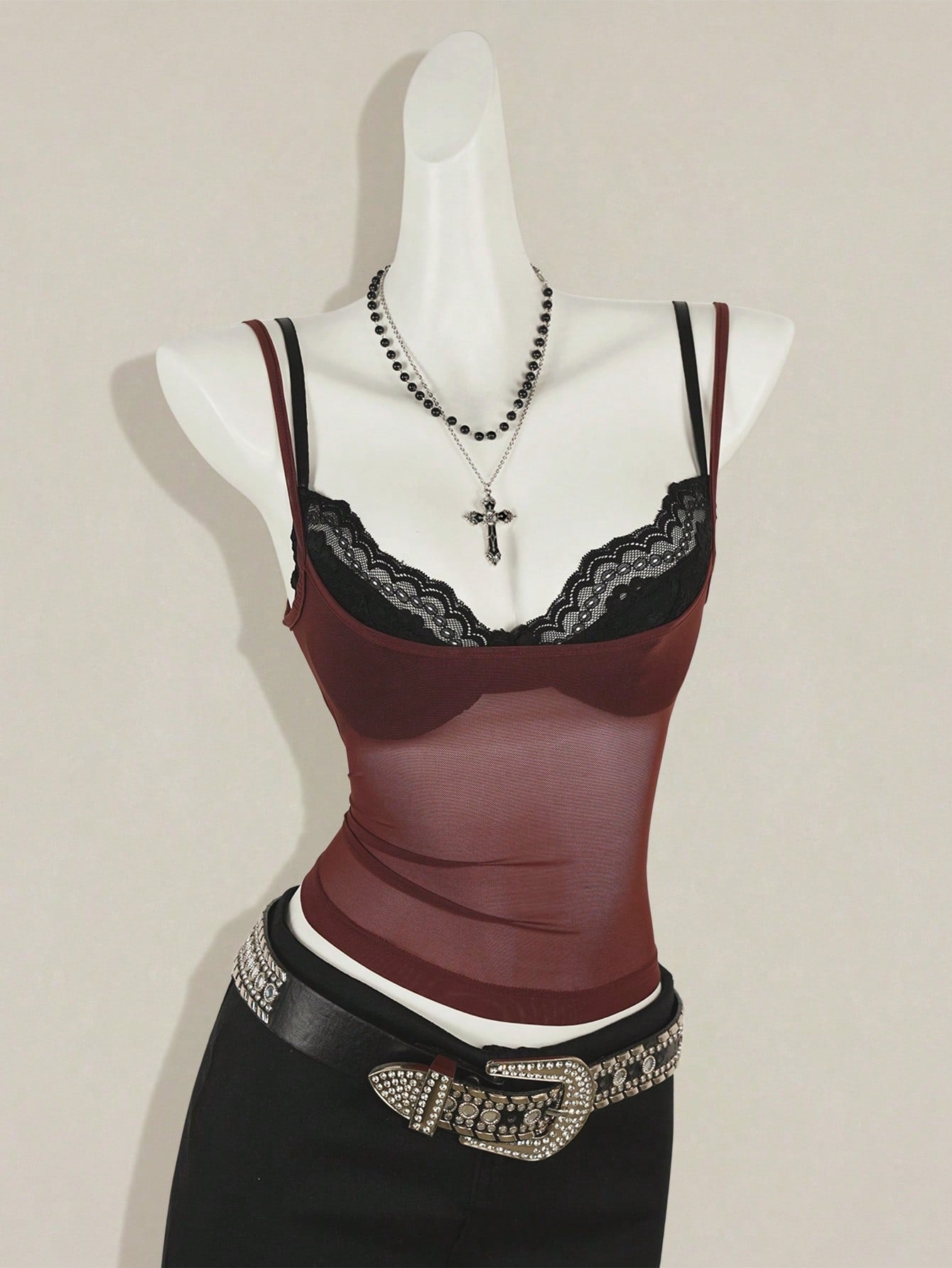 Women's grey leopard print spaghetti strap cami with black contrast lace trim and slim fit design