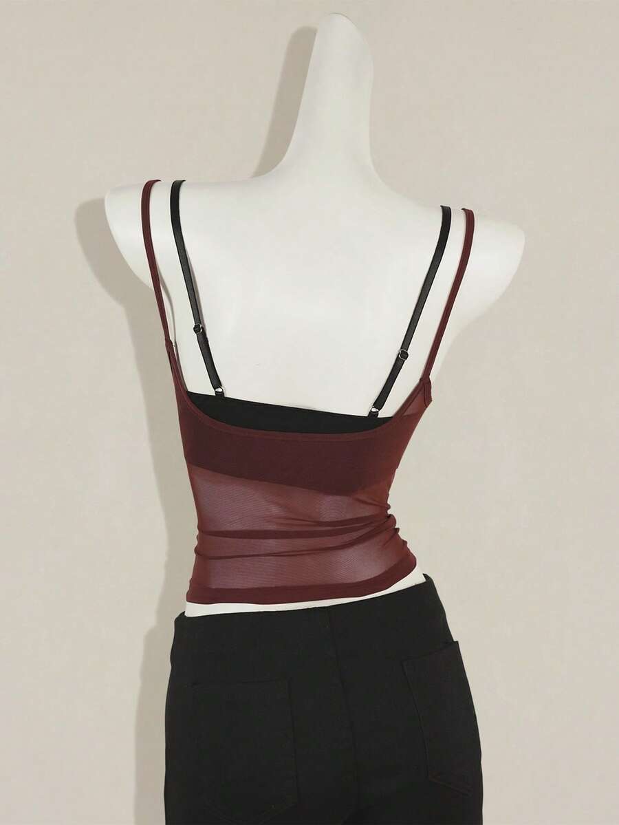Women's grey leopard print spaghetti strap cami with black contrast lace trim and slim fit design