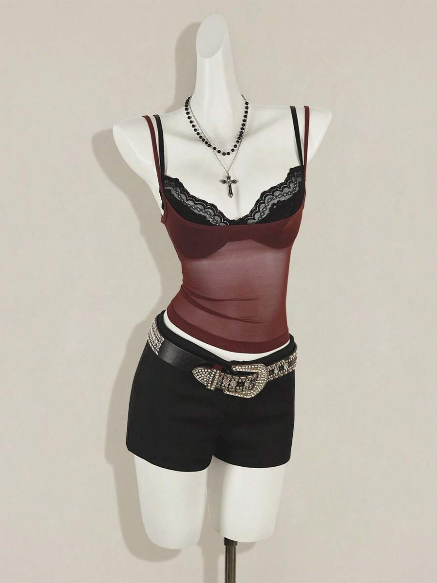 Women's grey leopard print spaghetti strap cami with black contrast lace trim and slim fit design