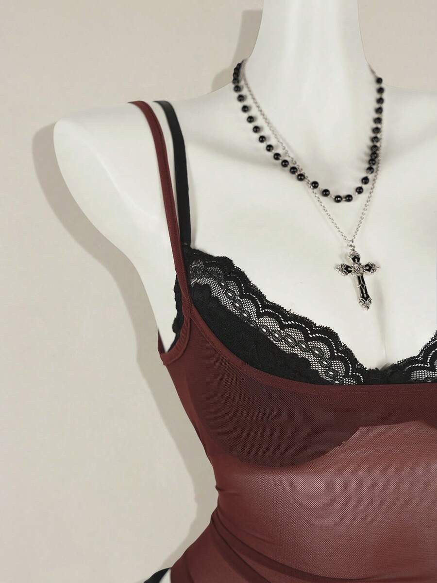 Women's grey leopard print spaghetti strap cami with black contrast lace trim and slim fit design