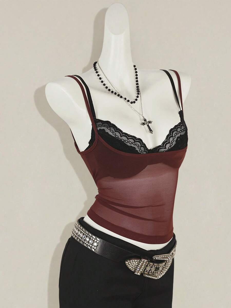 Women's grey leopard print spaghetti strap cami with black contrast lace trim and slim fit design
