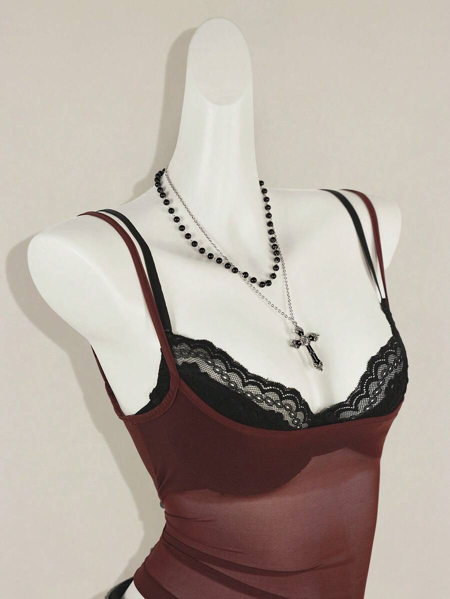 Women's grey leopard print spaghetti strap cami with black contrast lace trim and slim fit design