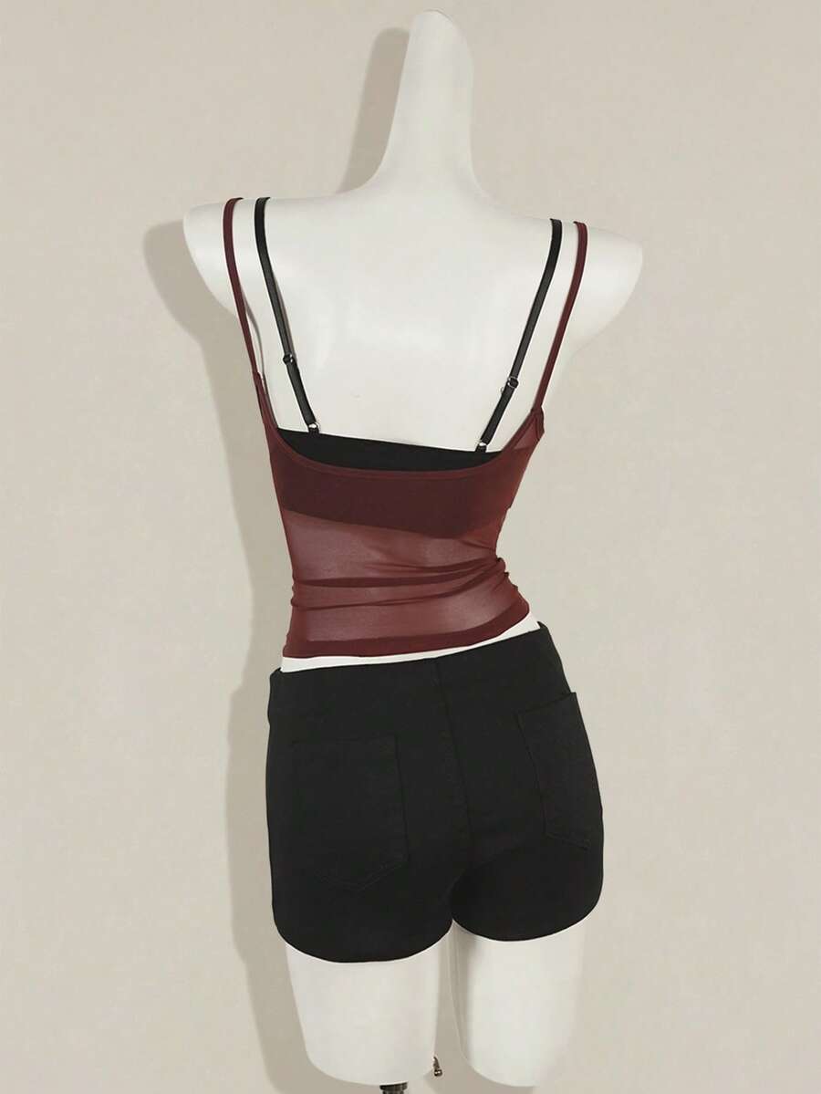 Women's grey leopard print spaghetti strap cami with black contrast lace trim and slim fit design