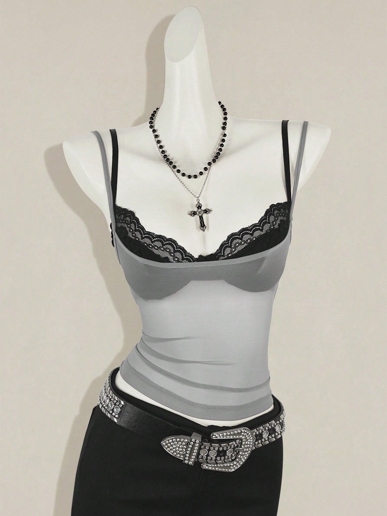 2-piece women's sheer camisole and lace spaghetti strap crop top set with backless asymmetrical details and plant pattern