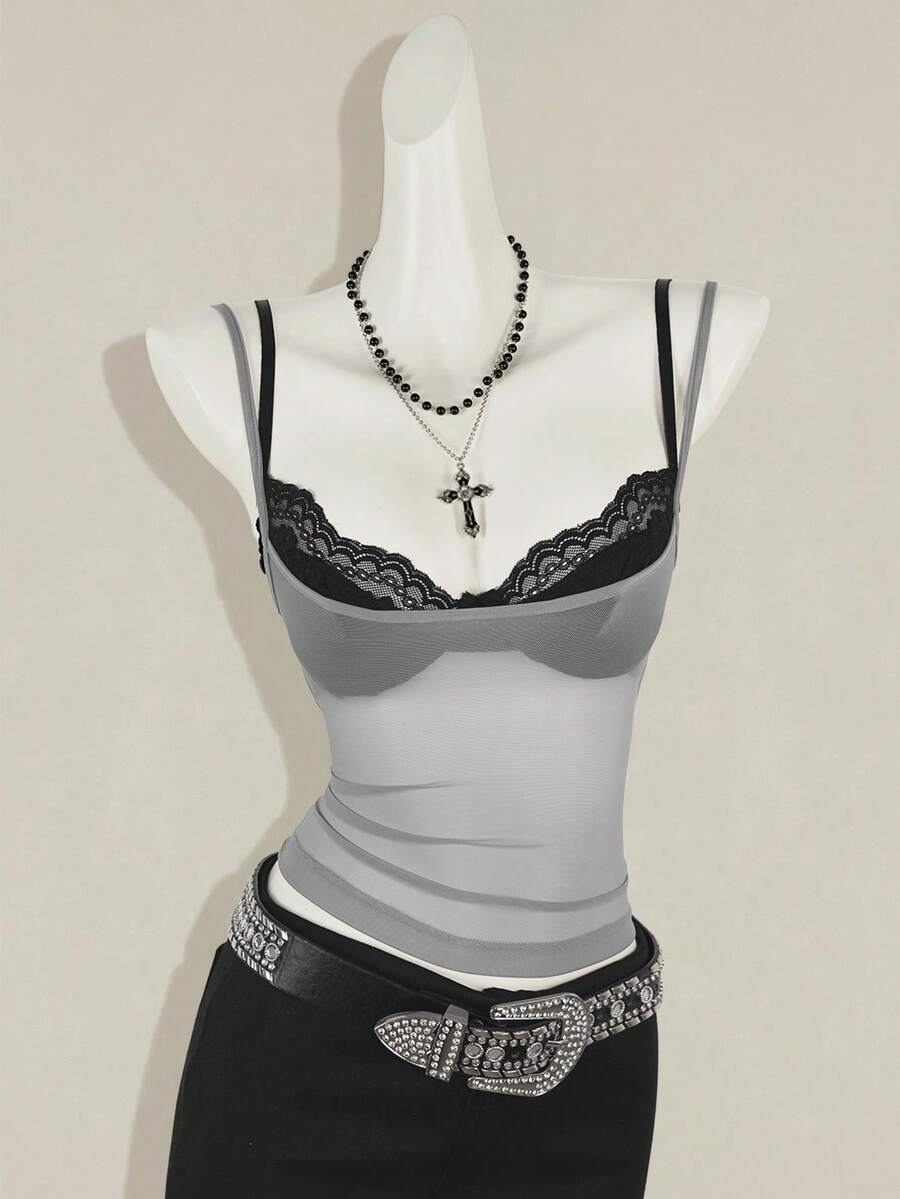 2-piece women's sheer camisole and lace spaghetti strap crop top set with backless asymmetrical details and plant pattern