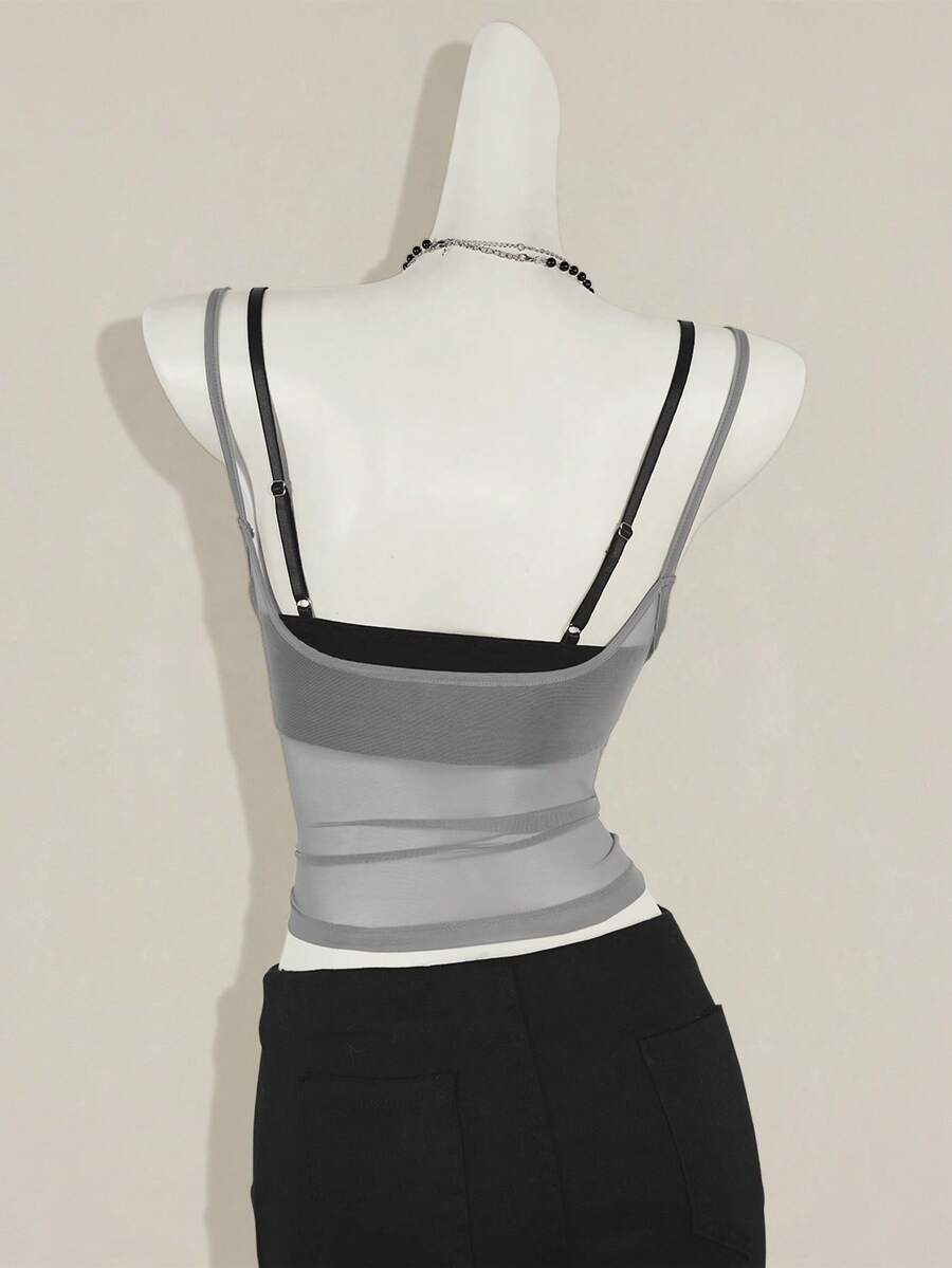 2-piece women's sheer camisole and lace spaghetti strap crop top set with backless asymmetrical details and plant pattern
