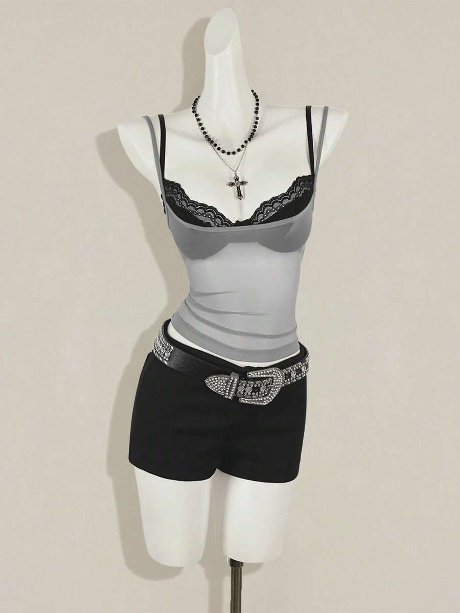 2-piece women's sheer camisole and lace spaghetti strap crop top set with backless asymmetrical details and plant pattern