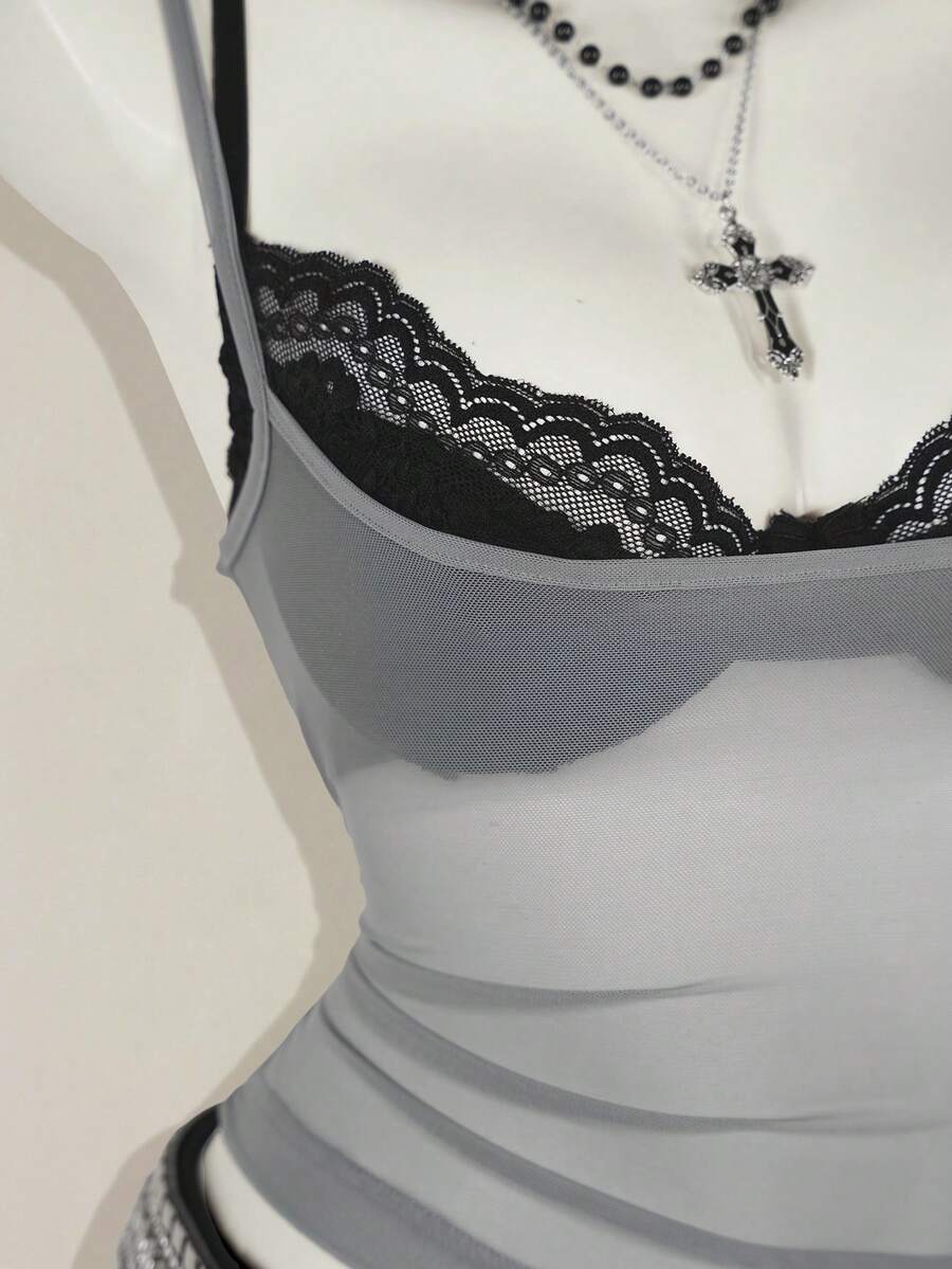 2-piece women's sheer camisole and lace spaghetti strap crop top set with backless asymmetrical details and plant pattern