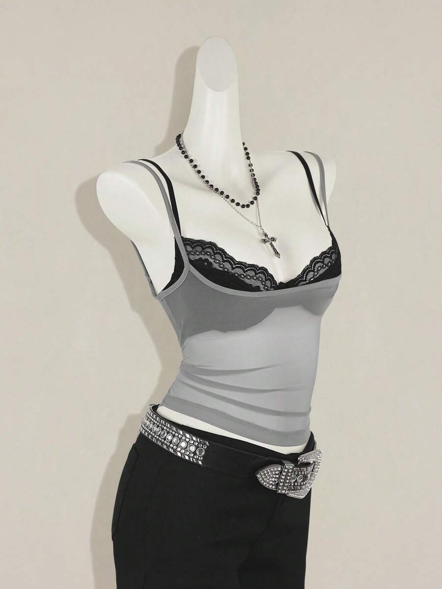 2-piece women's sheer camisole and lace spaghetti strap crop top set with backless asymmetrical details and plant pattern