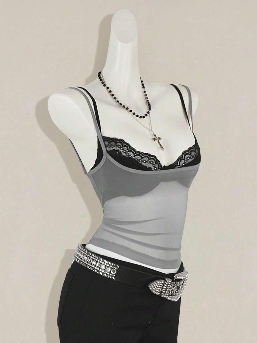 2-piece women's sheer camisole and lace spaghetti strap crop top set with backless asymmetrical details and plant pattern