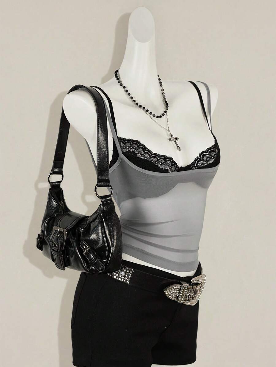 2-piece women's sheer camisole and lace spaghetti strap crop top set with backless asymmetrical details and plant pattern