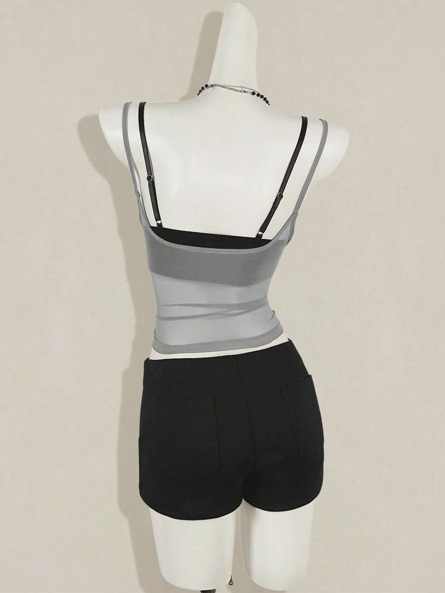 2-piece women's sheer camisole and lace spaghetti strap crop top set with backless asymmetrical details and plant pattern