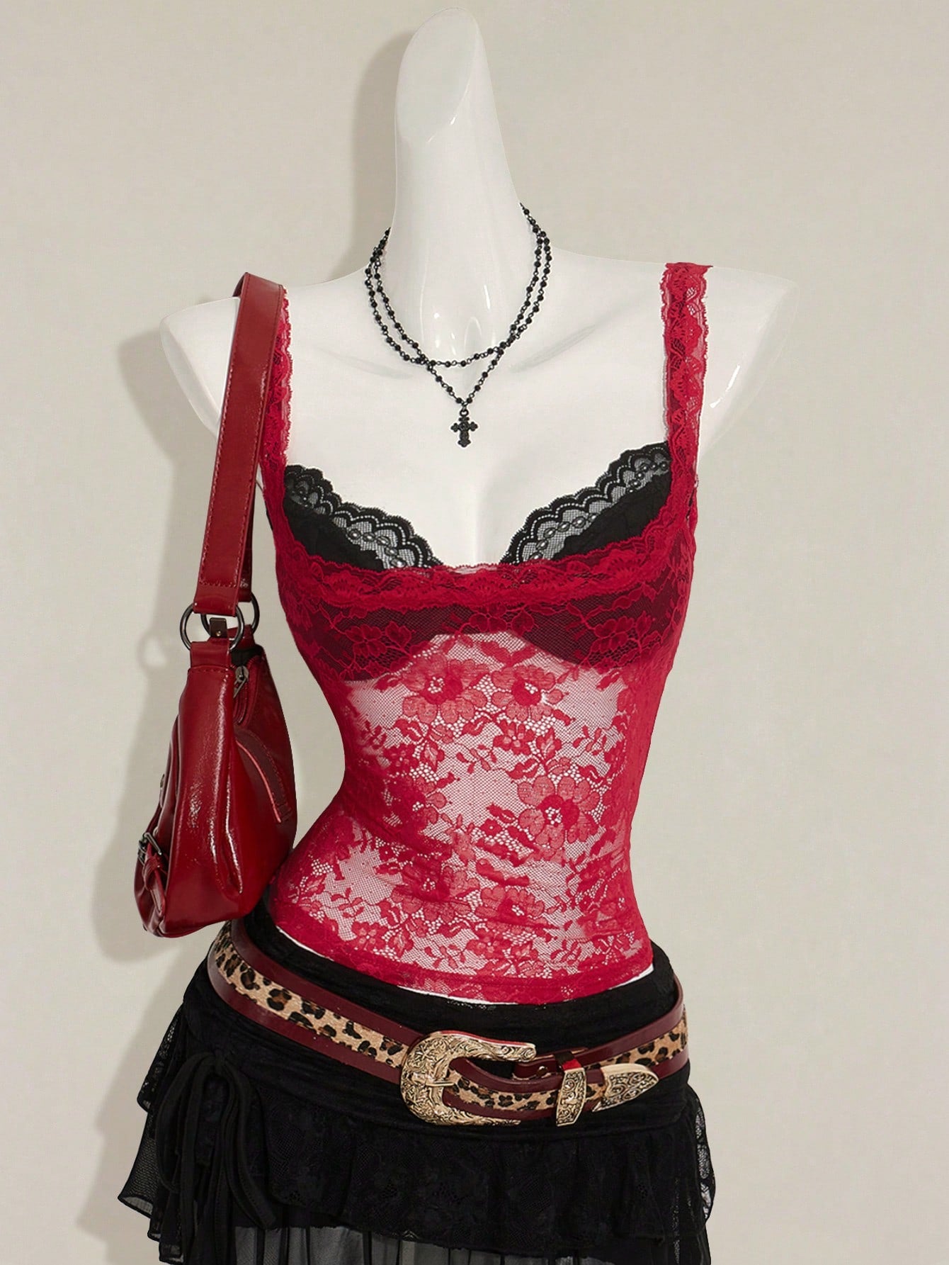 Women's grey leopard print spaghetti strap cami with black contrast lace trim and slim fit design