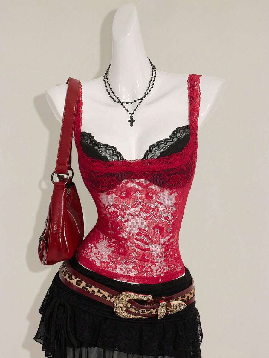 Women's grey leopard print spaghetti strap cami with black contrast lace trim and slim fit design