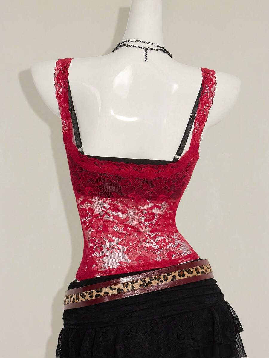 Women's grey leopard print spaghetti strap cami with black contrast lace trim and slim fit design