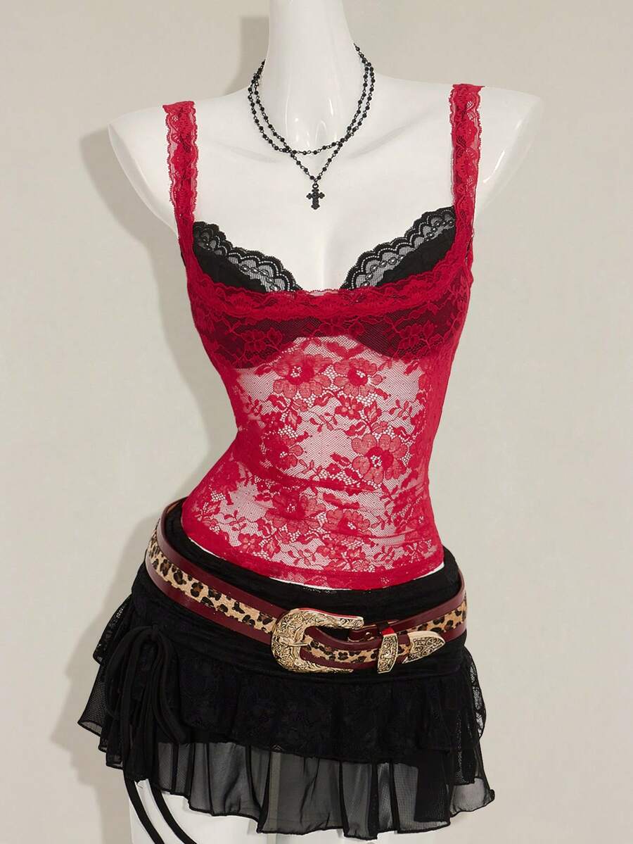 Women's grey leopard print spaghetti strap cami with black contrast lace trim and slim fit design
