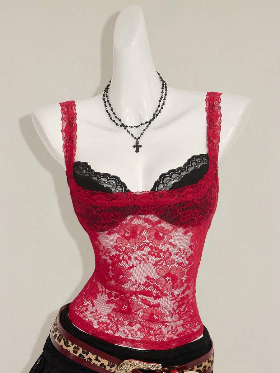 Women's grey leopard print spaghetti strap cami with black contrast lace trim and slim fit design