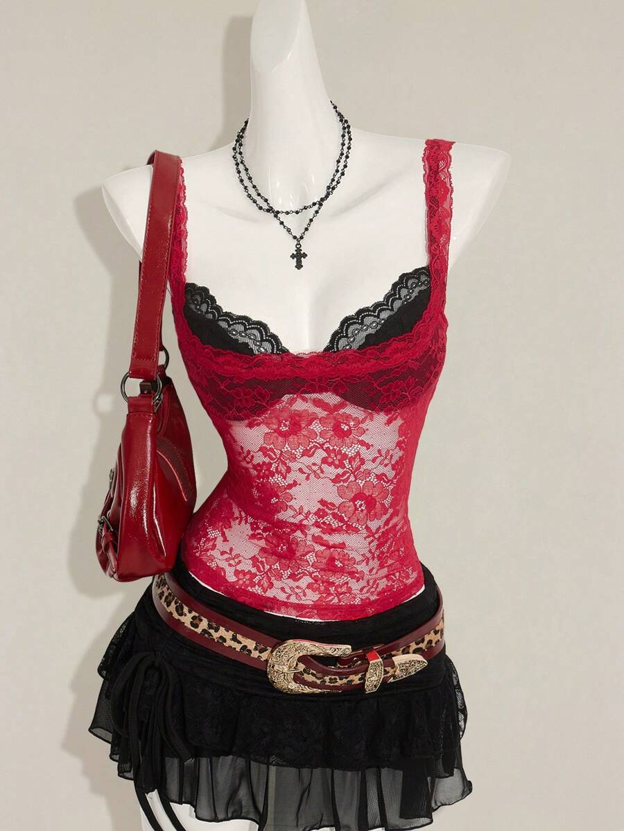 Women's grey leopard print spaghetti strap cami with black contrast lace trim and slim fit design