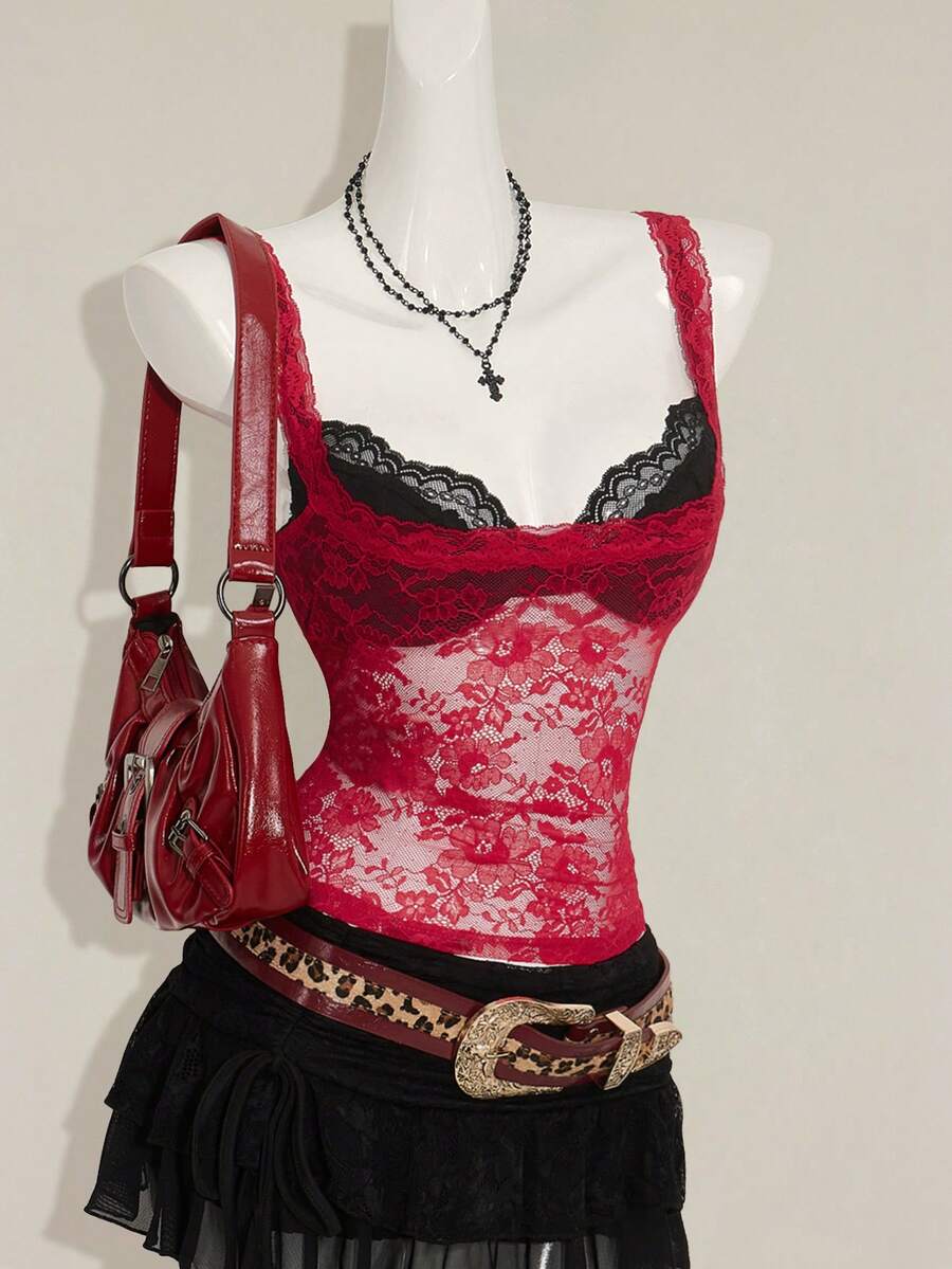 Women's grey leopard print spaghetti strap cami with black contrast lace trim and slim fit design