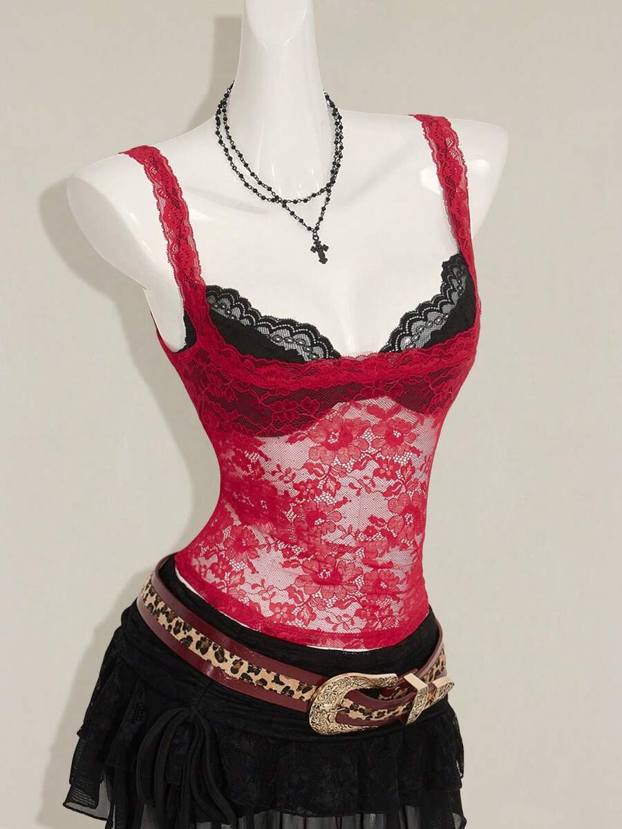 Women's grey leopard print spaghetti strap cami with black contrast lace trim and slim fit design
