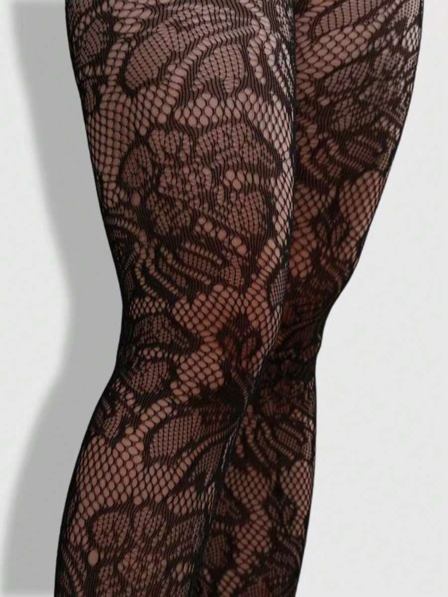 Women's black goth spider web pattern mesh tights with rhinestone details