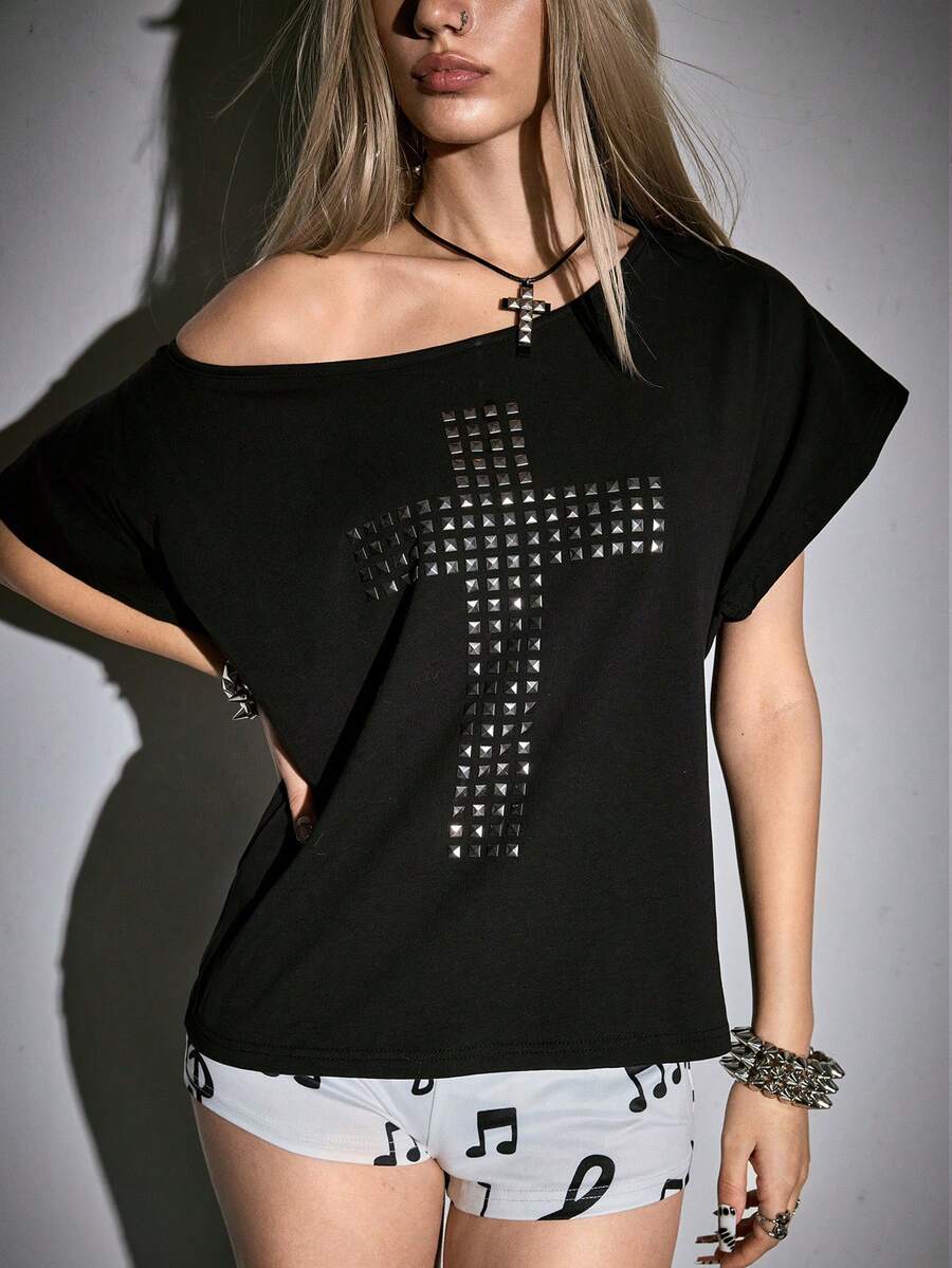 Women's grunge punk style short sleeve t-shirt featuring an asymmetrical neckline, hollow-out cut detail, and relaxed batwing sleeves in a soft cotton stretch fabric.