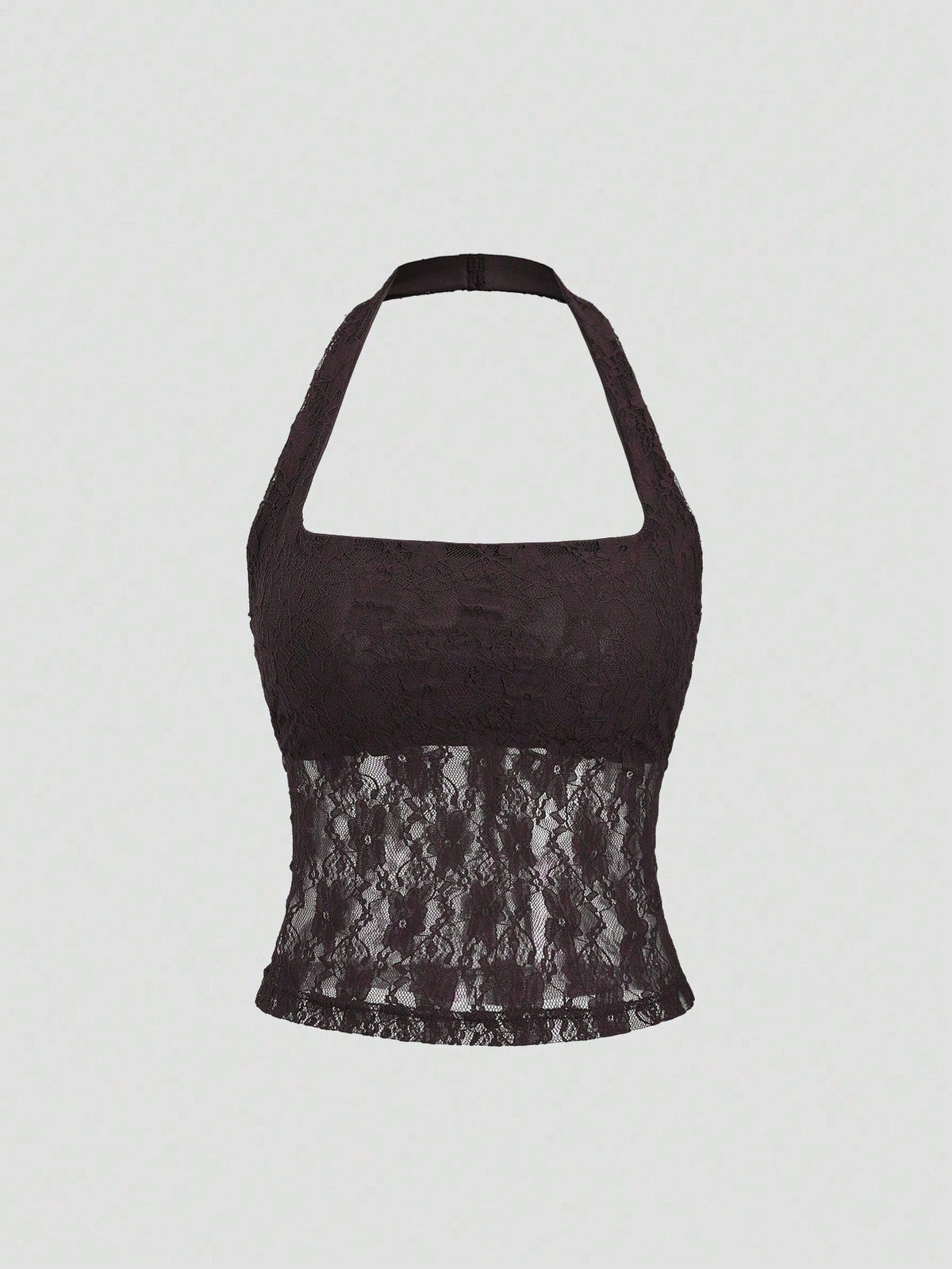 Women's solid lace halter top featuring a backless slim fit design with semi-sheer lace detail.