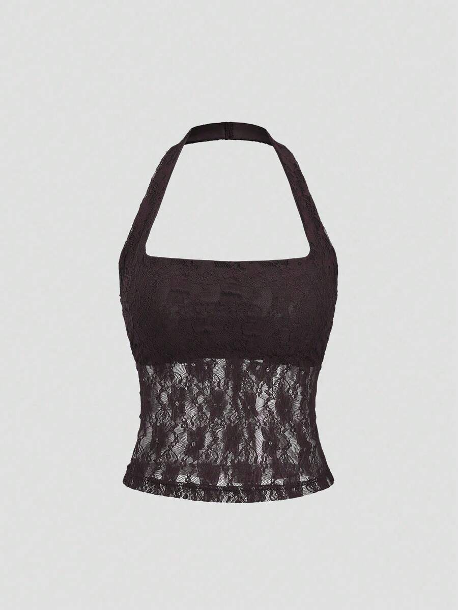 Women's solid lace halter top featuring a backless slim fit design with semi-sheer lace detail.