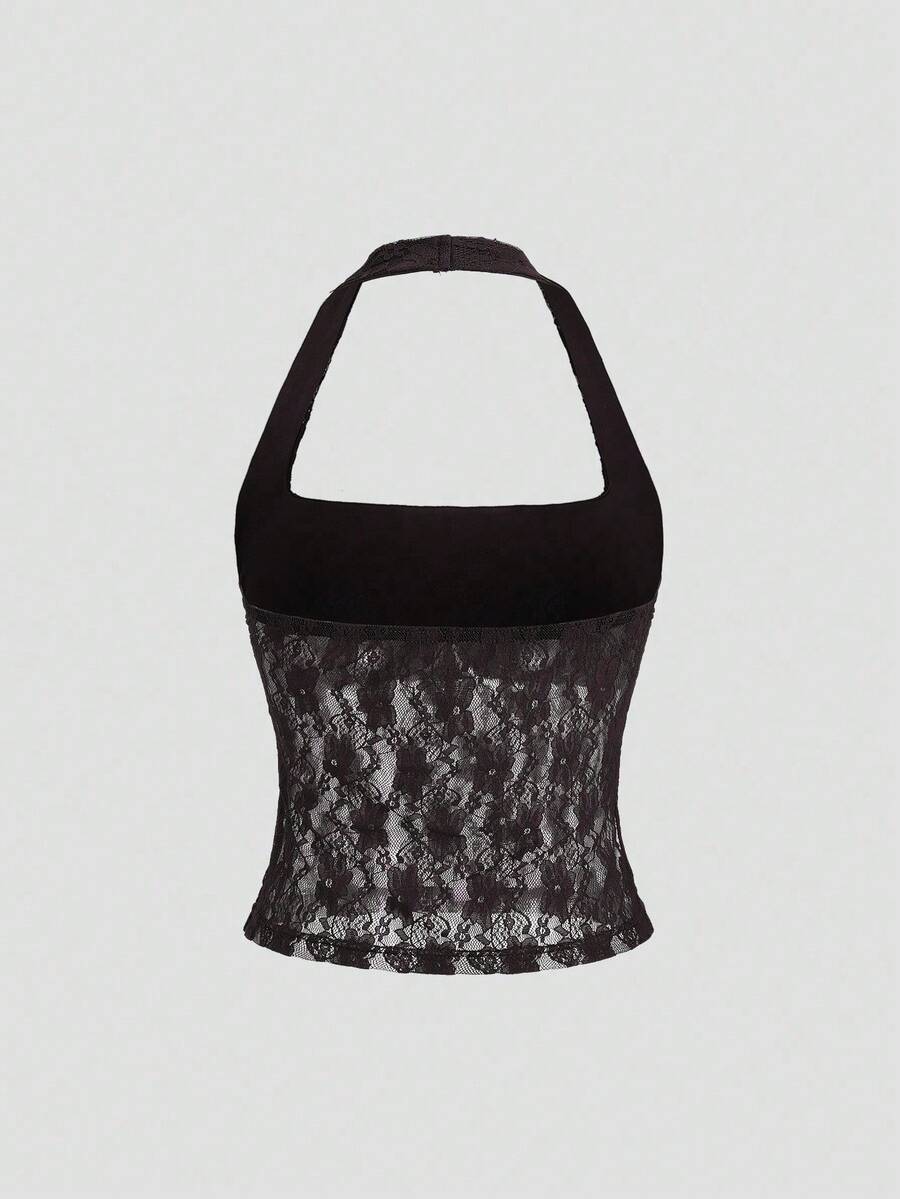Women's solid lace halter top featuring a backless slim fit design with semi-sheer lace detail.