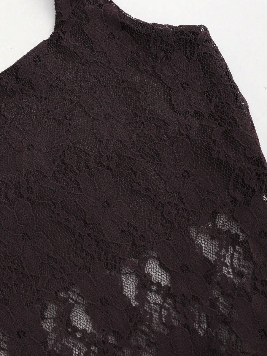 Women's solid lace halter top featuring a backless slim fit design with semi-sheer lace detail.