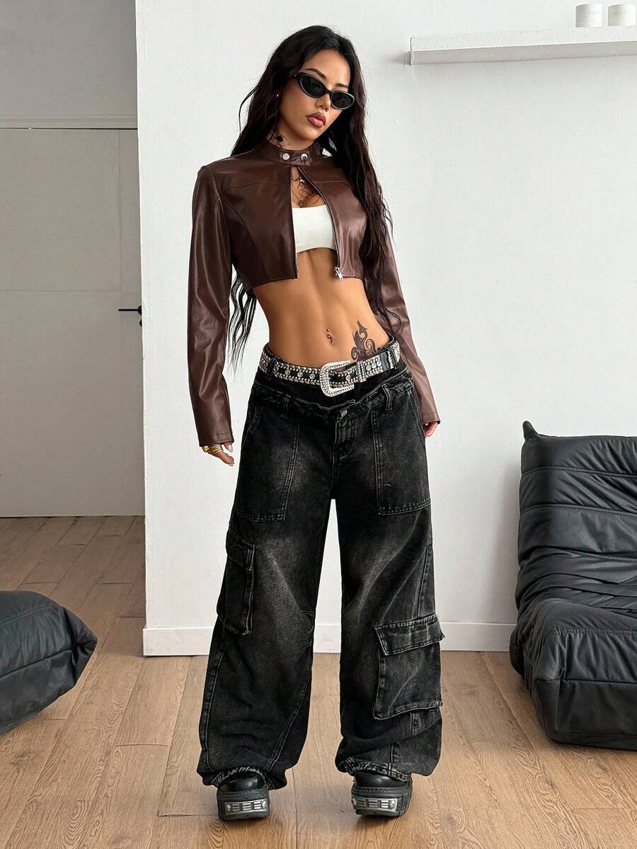 Women's metallic grey cropped faux leather jacket featuring a stand collar and asymmetrical zip front closure.