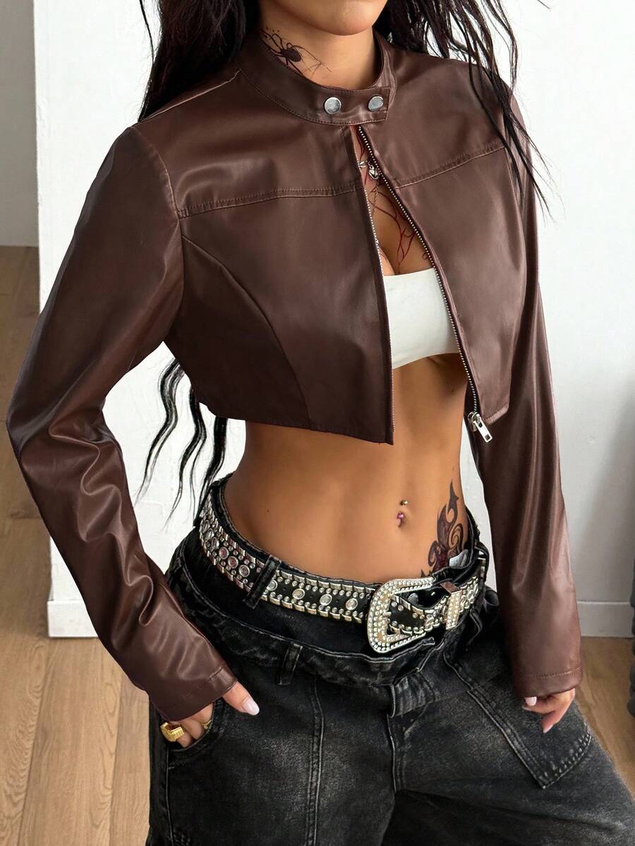 Women's metallic grey cropped faux leather jacket featuring a stand collar and asymmetrical zip front closure.