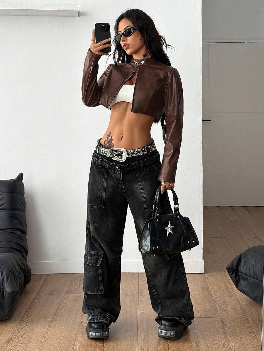 Women's metallic grey cropped faux leather jacket featuring a stand collar and asymmetrical zip front closure.